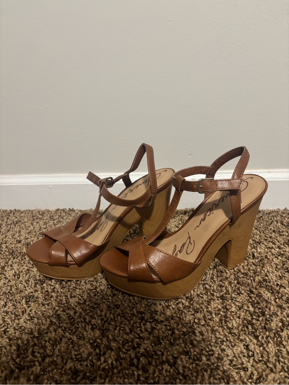 Sam Edelman Tan Leather Platform Heeled Sandals